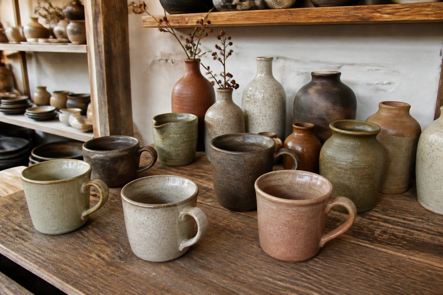 Glazed ceramic cups arranged on a wooden shelf