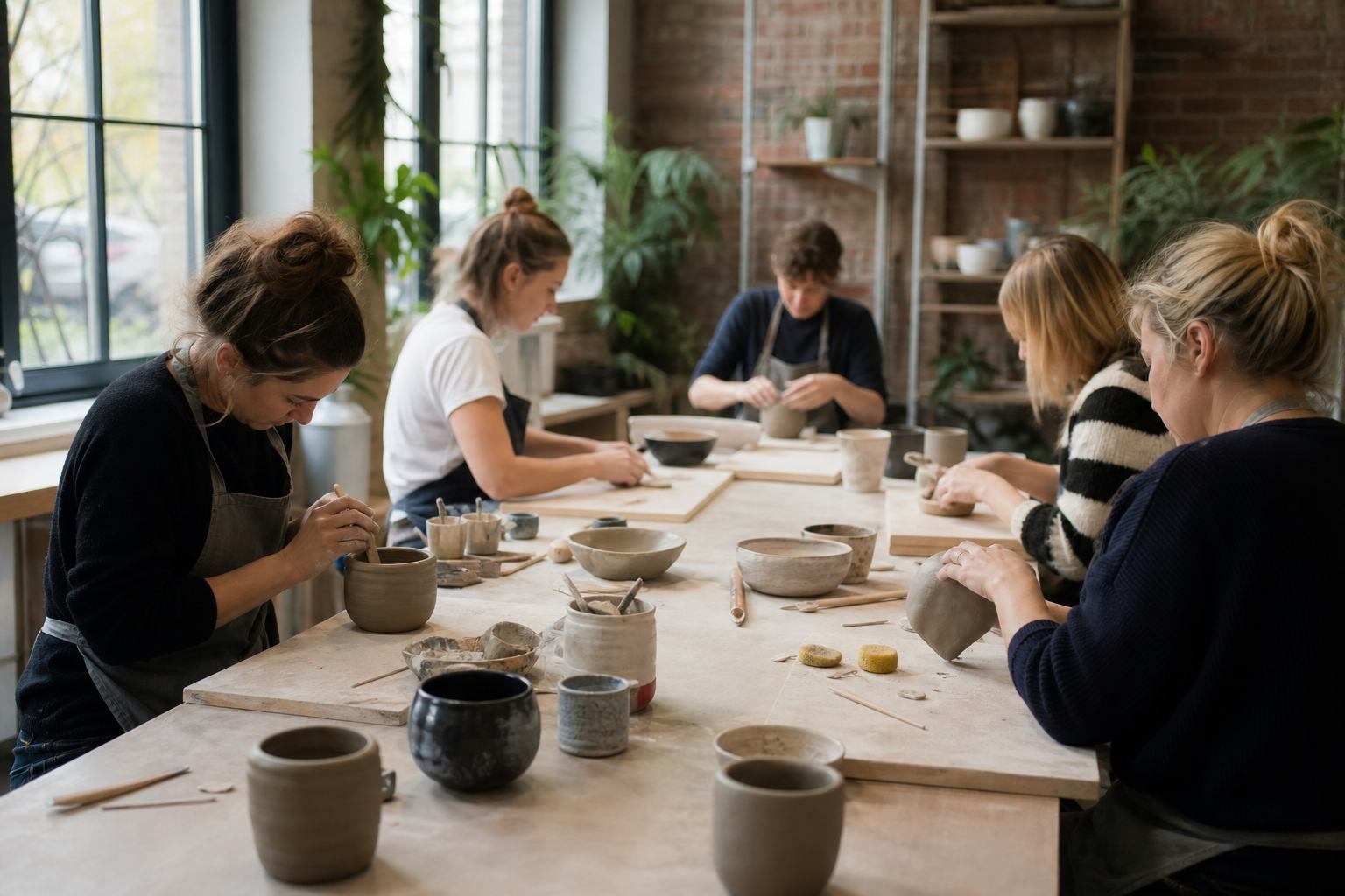 People working with clay around a long table