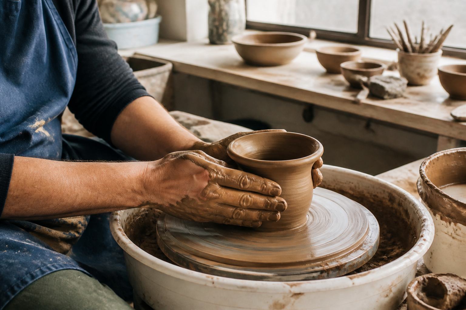 Hands shaping a clay vessel on a wheel